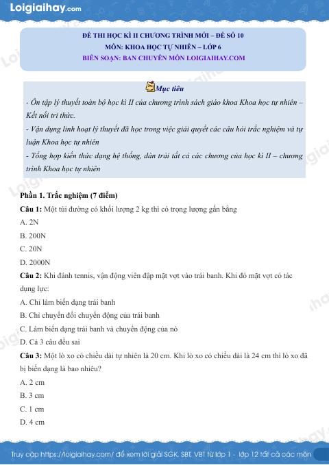 Đề thi học kì 2 KHTN 6 Kết nối tri thức - Đề số 10